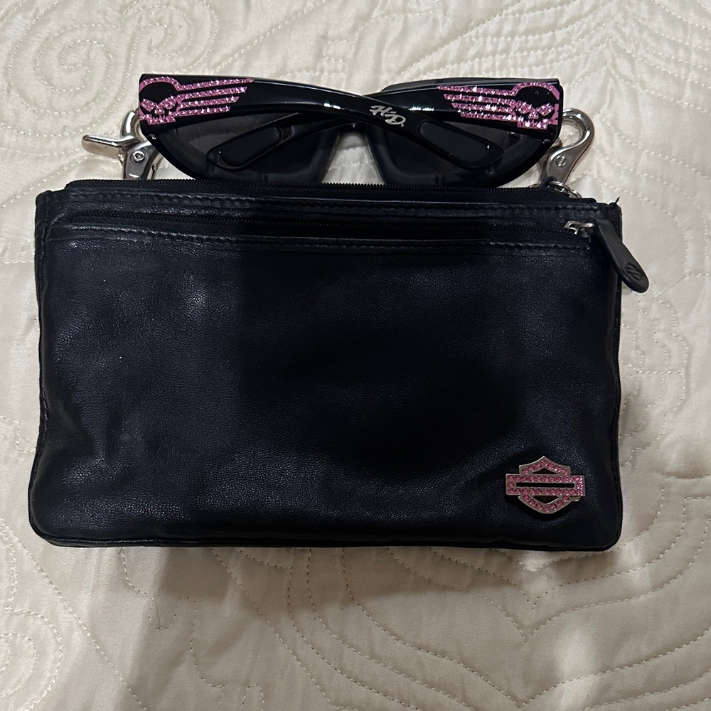 Harley-Davidson Black and Pink Sunglasses with Pouch, and leather fanny pack